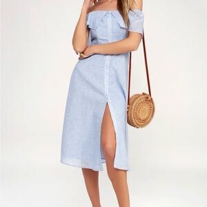 BB Dakota Jeanne blue pinstripe off-the-shoulder midi dress